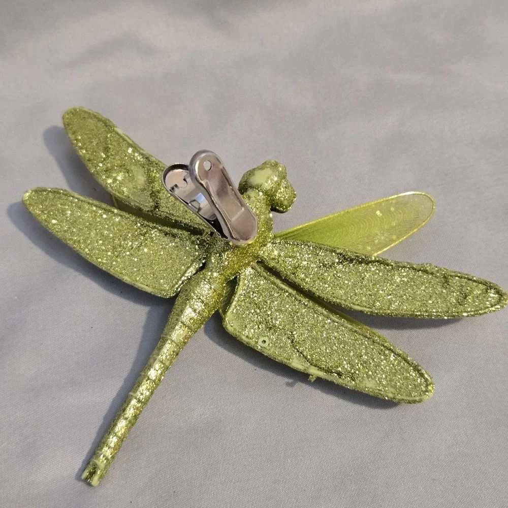 Large Green Glitter Dragonfly Clip On Christmas Ornament Jeweled 6